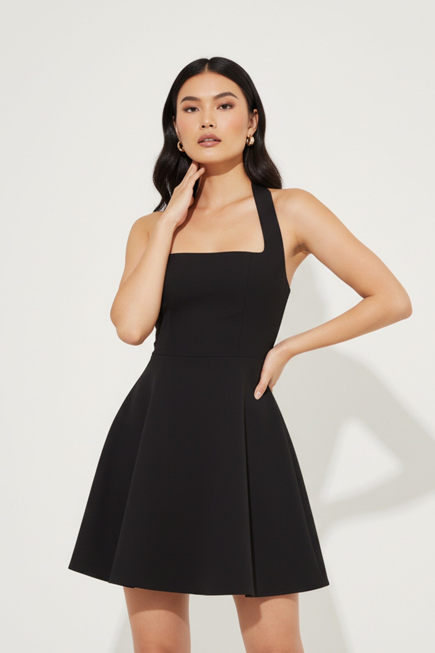 Women's Black Mini Dress Halterneck Textured