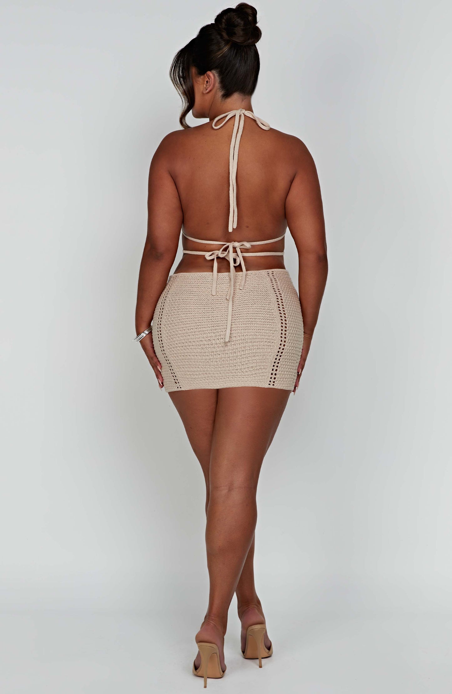 Women's Beige Mini Dress Backless Halter Summer Cocktail Style