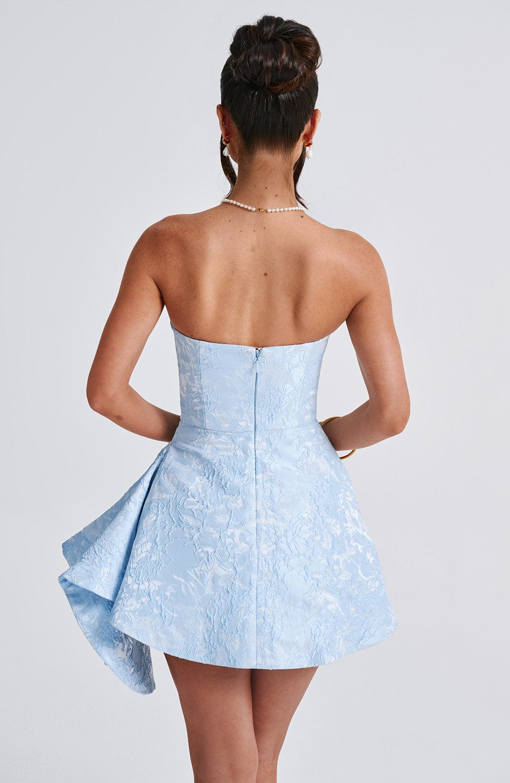 Women's Blue Playsuit Floral Design with Asymmetric Pleats and Draped Frill