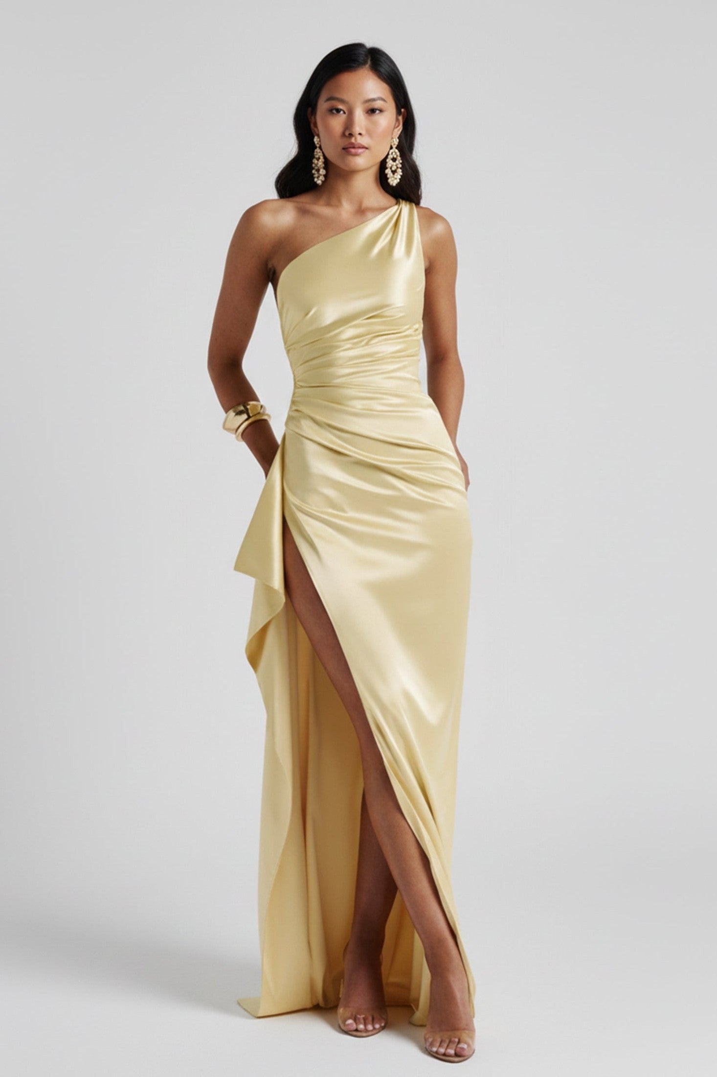 gold maxi dress uk Women's One Shoulder Draped Style – Evora Lane elegant gold dress for party