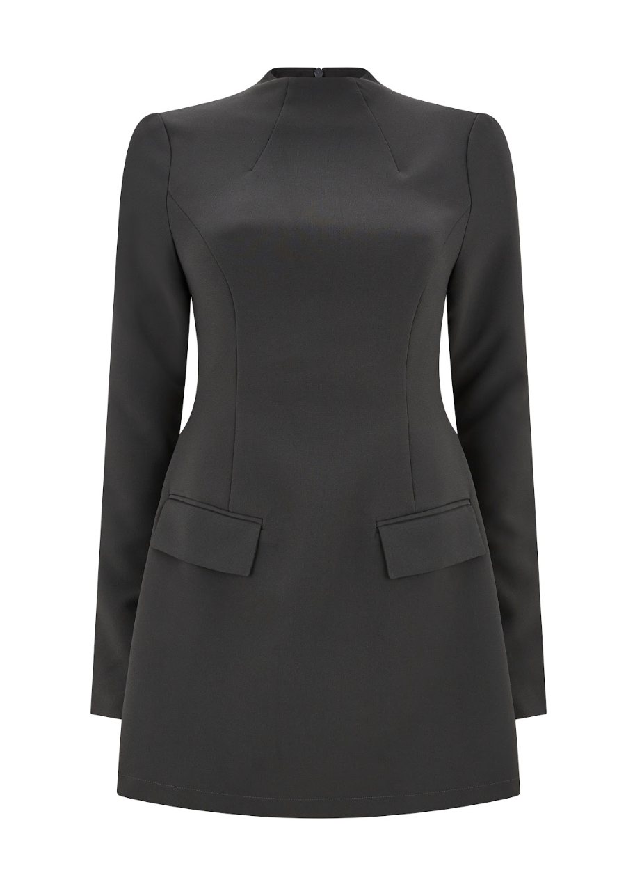 Women's Mini Dress High Neck with Long Sleeves and Pockets Plain Grey