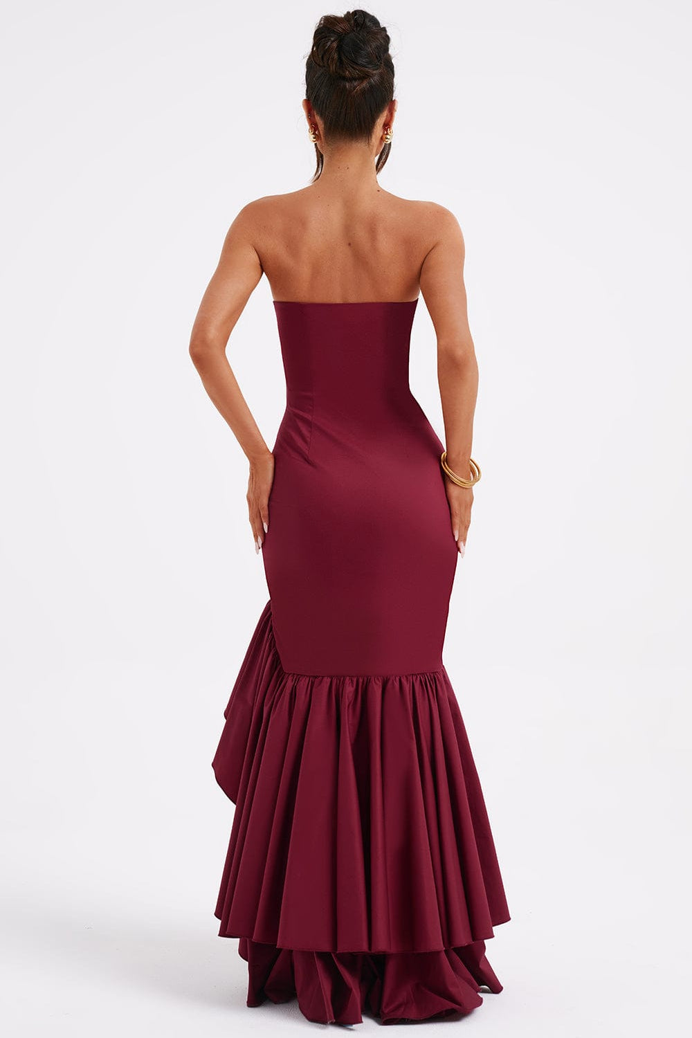 Women's Red Maxi Dress Strapless Frilled High-Low Skirt