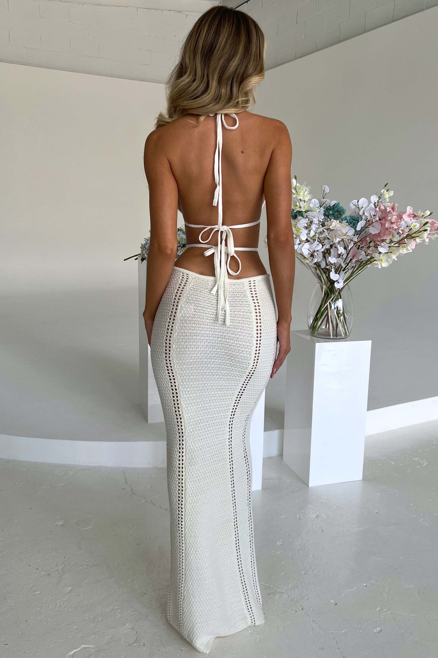 Women's White Maxi Dress Backless Halter Design