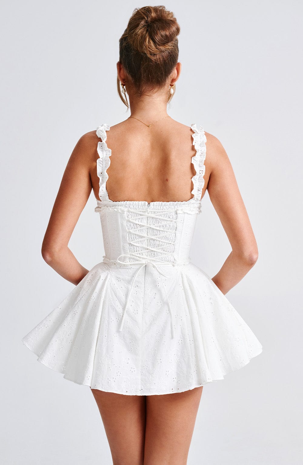 Women's White Playsuit Floral Broderie Anglaise Design with Corset and Ruffle Straps