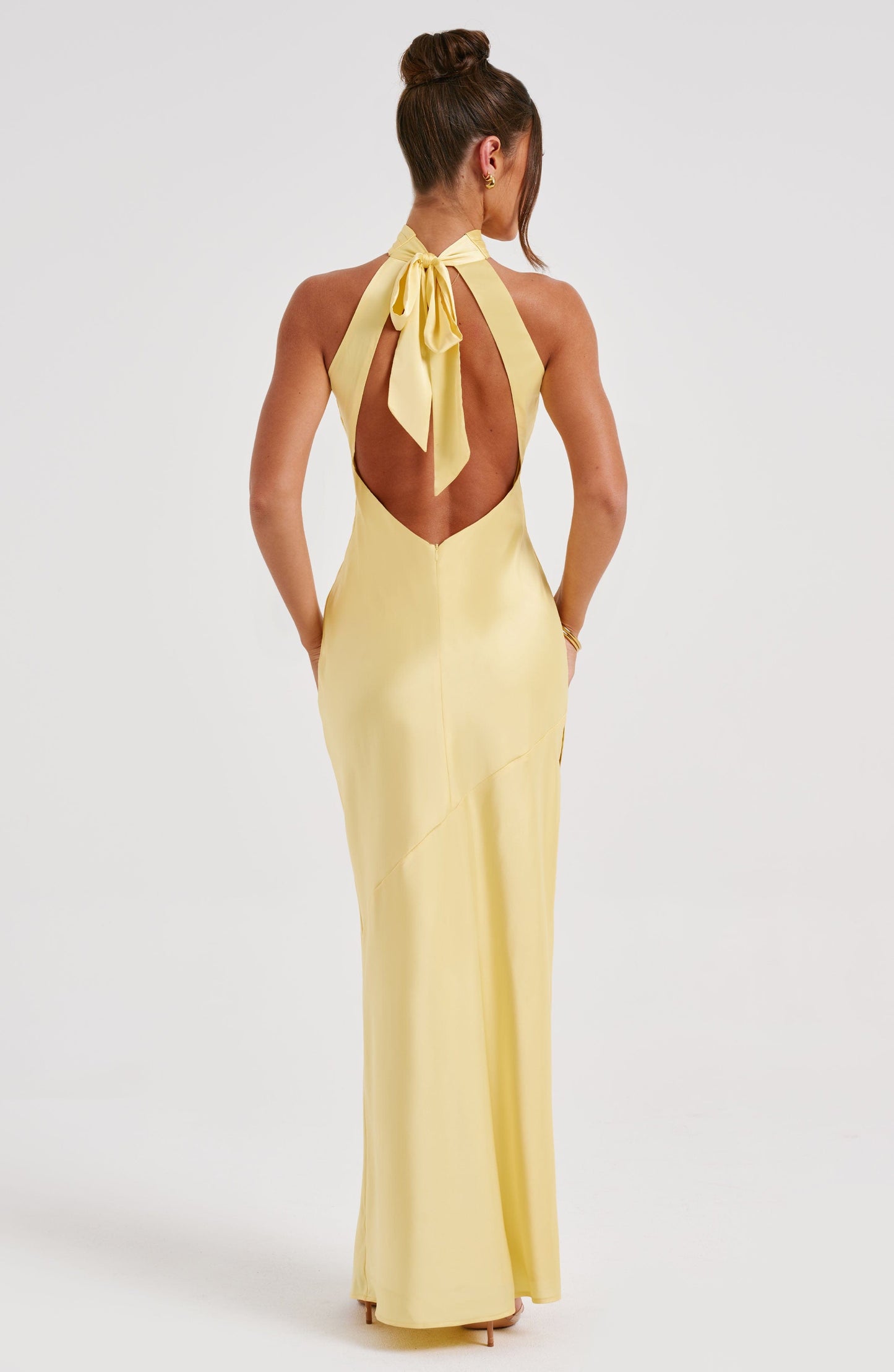 Women's Yellow Maxi Dress Backless with High Neck Tie