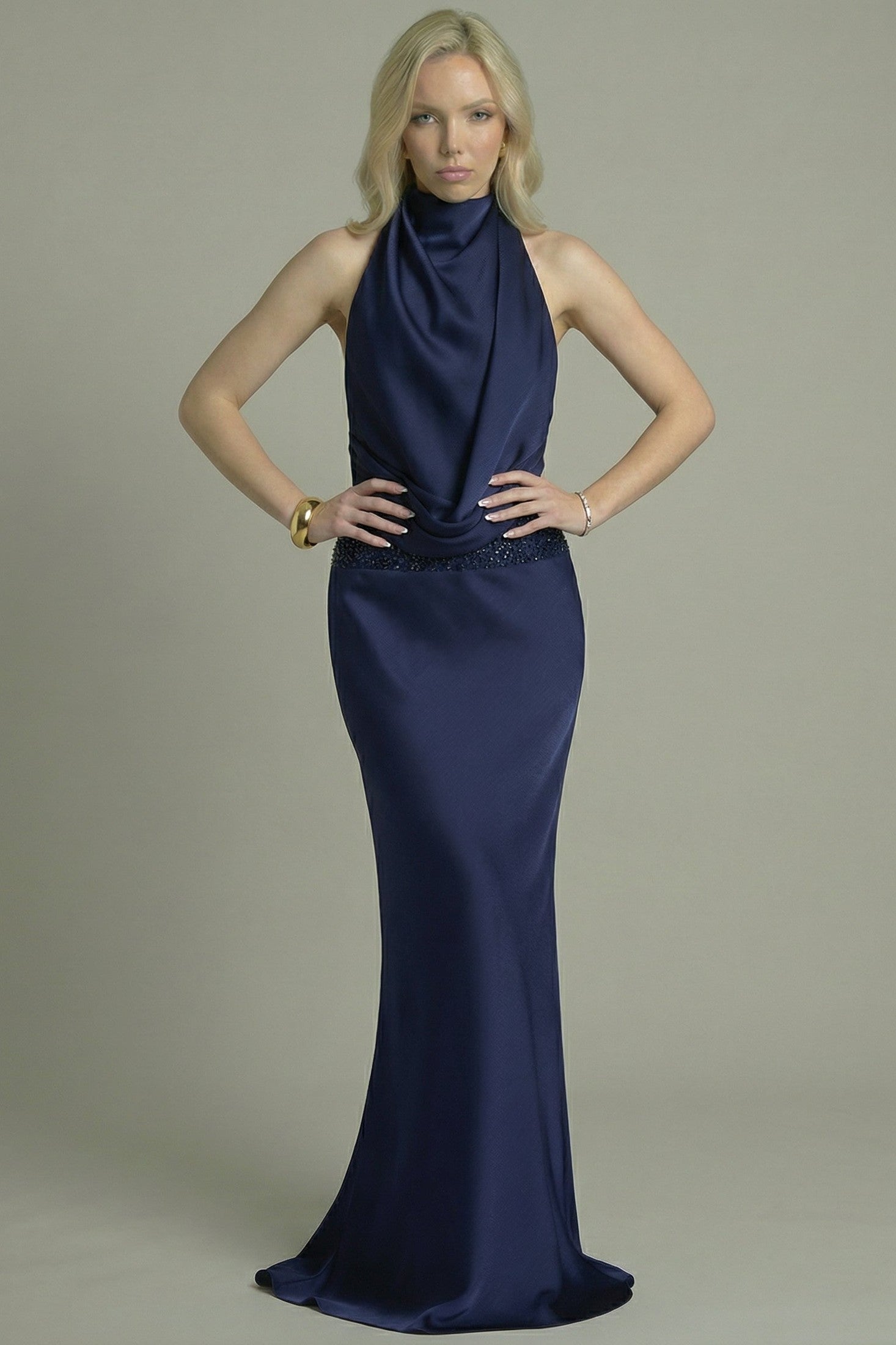 Women's Maxi Dress High Neckline Draped Navy