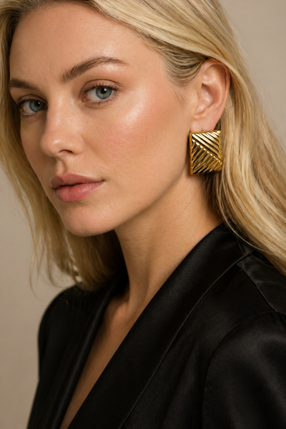 Women's Gold Stud Earrings with Corrugated Design Gold