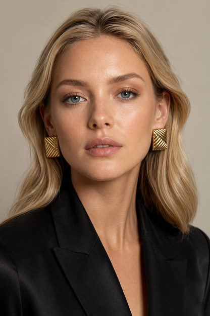 Women's Gold Stud Earrings with Corrugated Design Gold