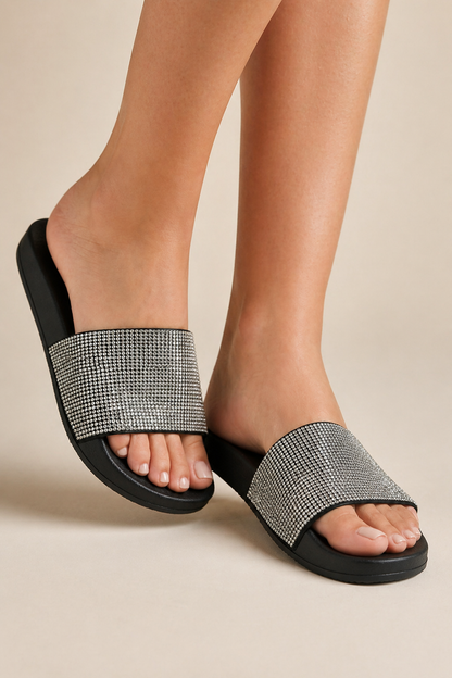 Women's Slip-On Slides with Diamante Detail Silver Shimmer