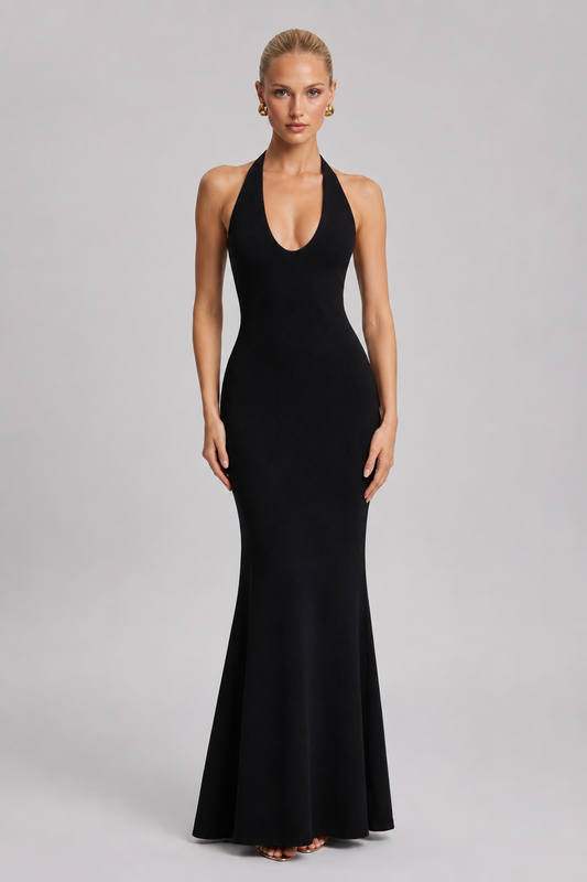 Women's Maxi Dress Halter Neck Flared Black