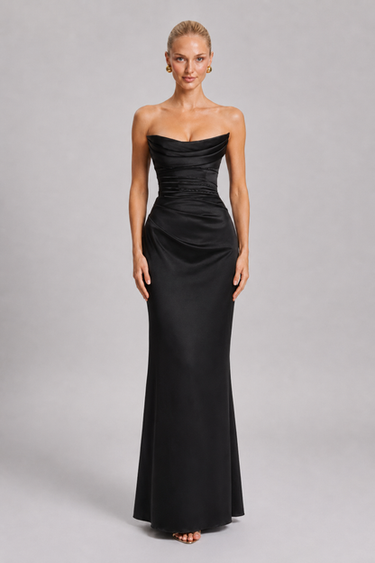 Women's Maxi Dress Pleated Strapless Black