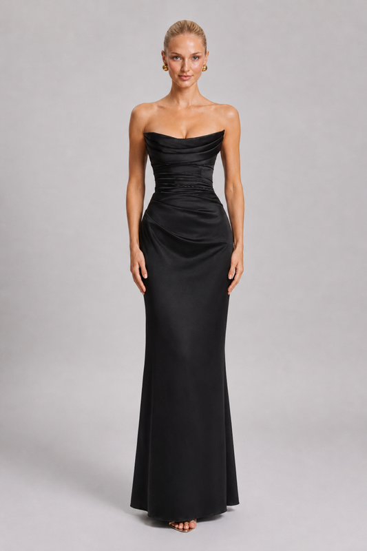 Women's Maxi Dress Pleated Strapless Black