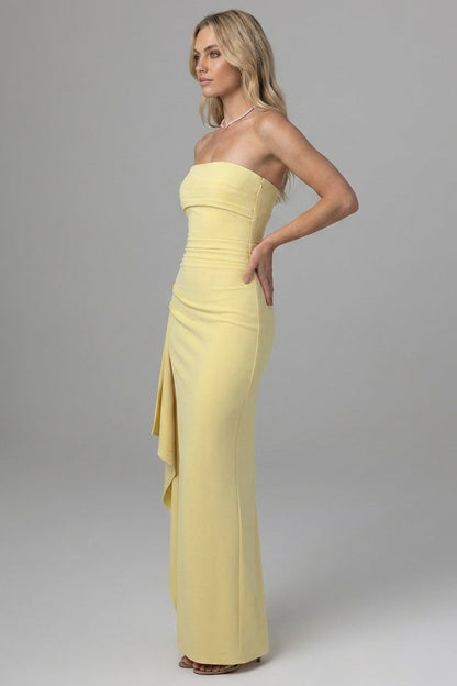 Women's Yellow Maxi Dress Strapless with Thigh High Split