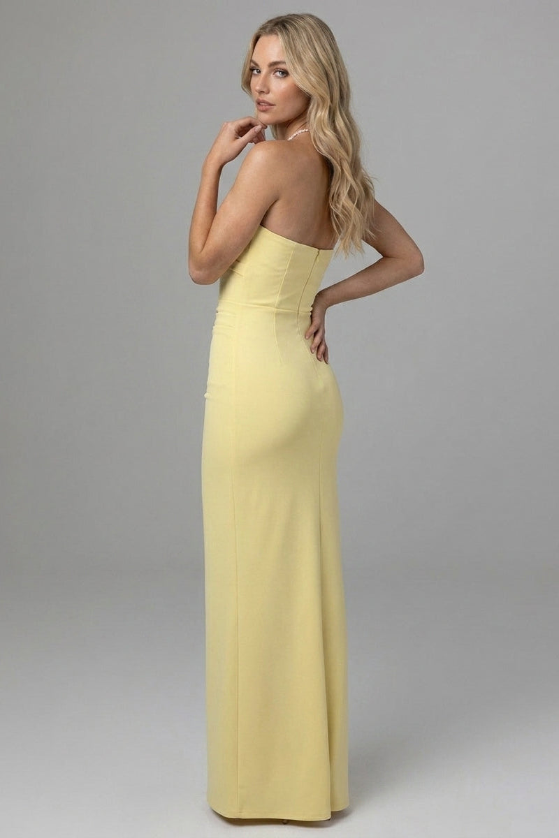 Women's Yellow Maxi Dress Strapless with Thigh High Split