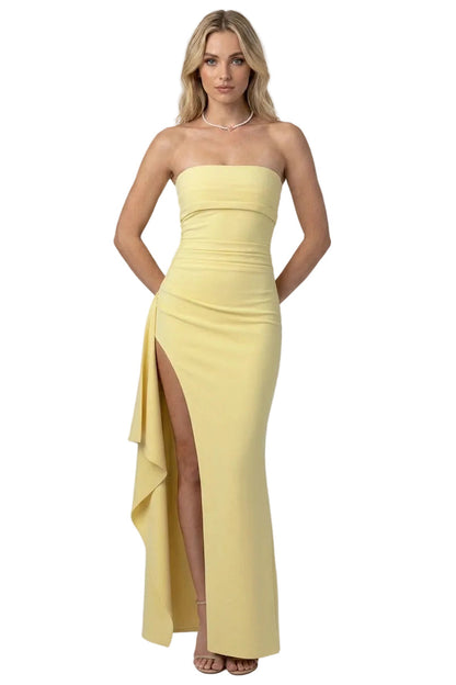 Women's Yellow Maxi Dress Strapless with Thigh High Split