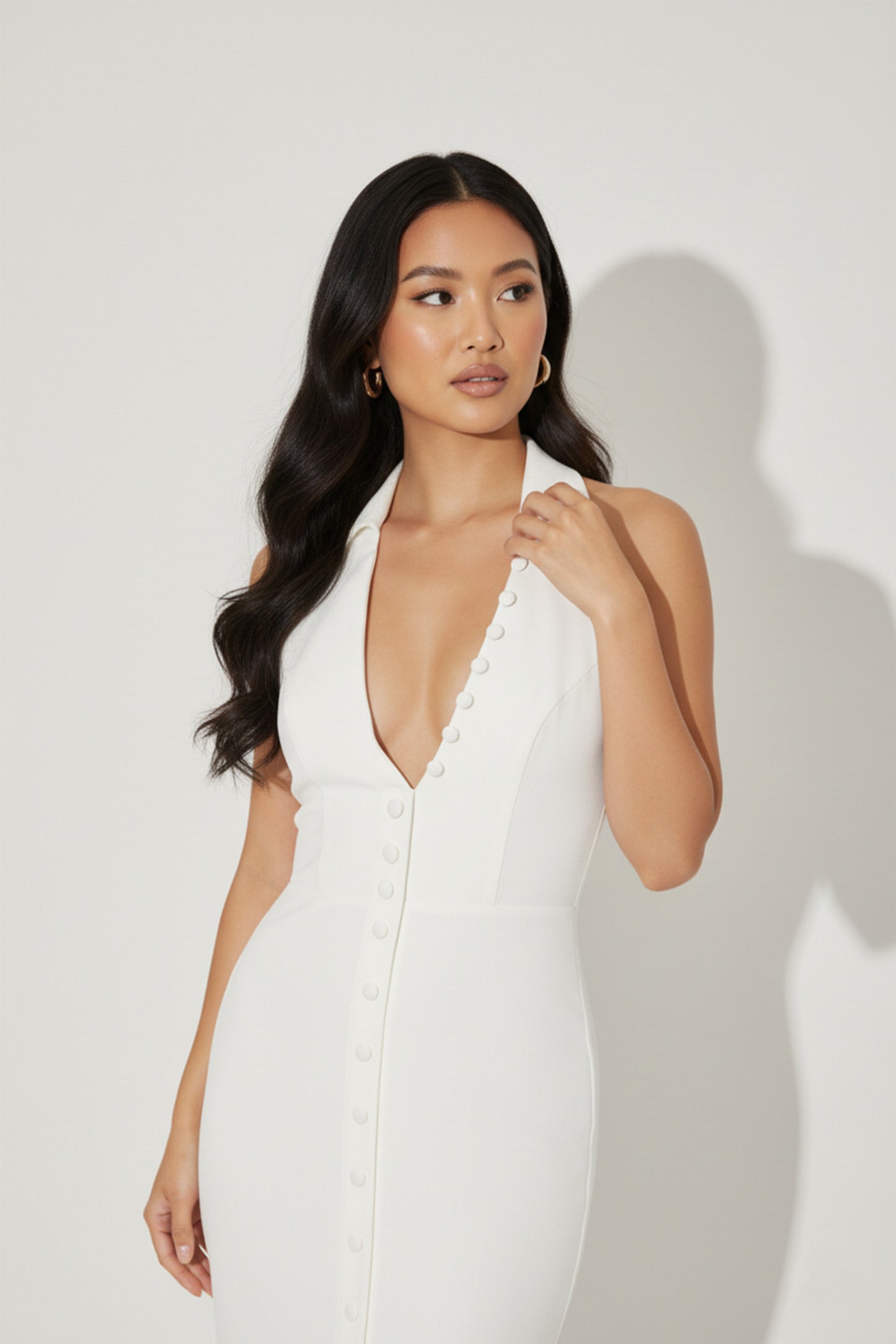 Maxi Dress for Women with Collar and Slit White