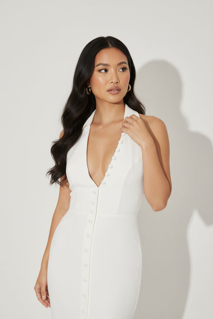 Maxi Dress for Women with Collar and Slit White