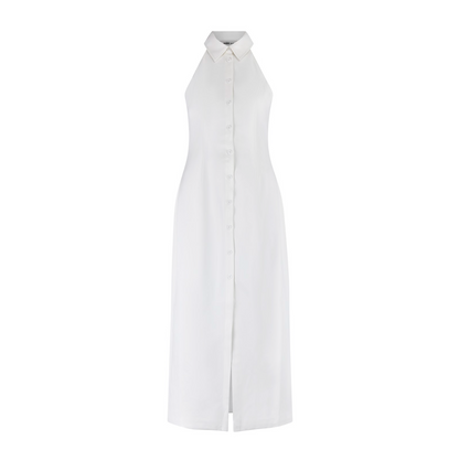 Maxi Dress for Women with Collar and Slit White