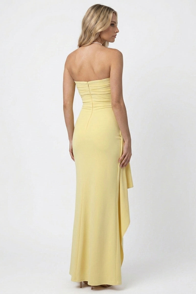 Women's Yellow Maxi Dress Strapless with Thigh High Split