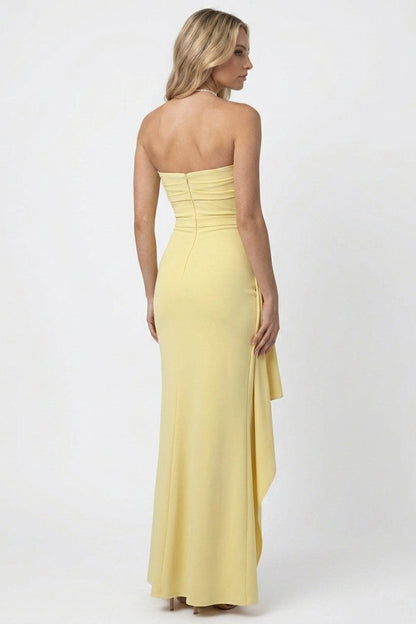 Women's Yellow Maxi Dress Strapless with Thigh High Split
