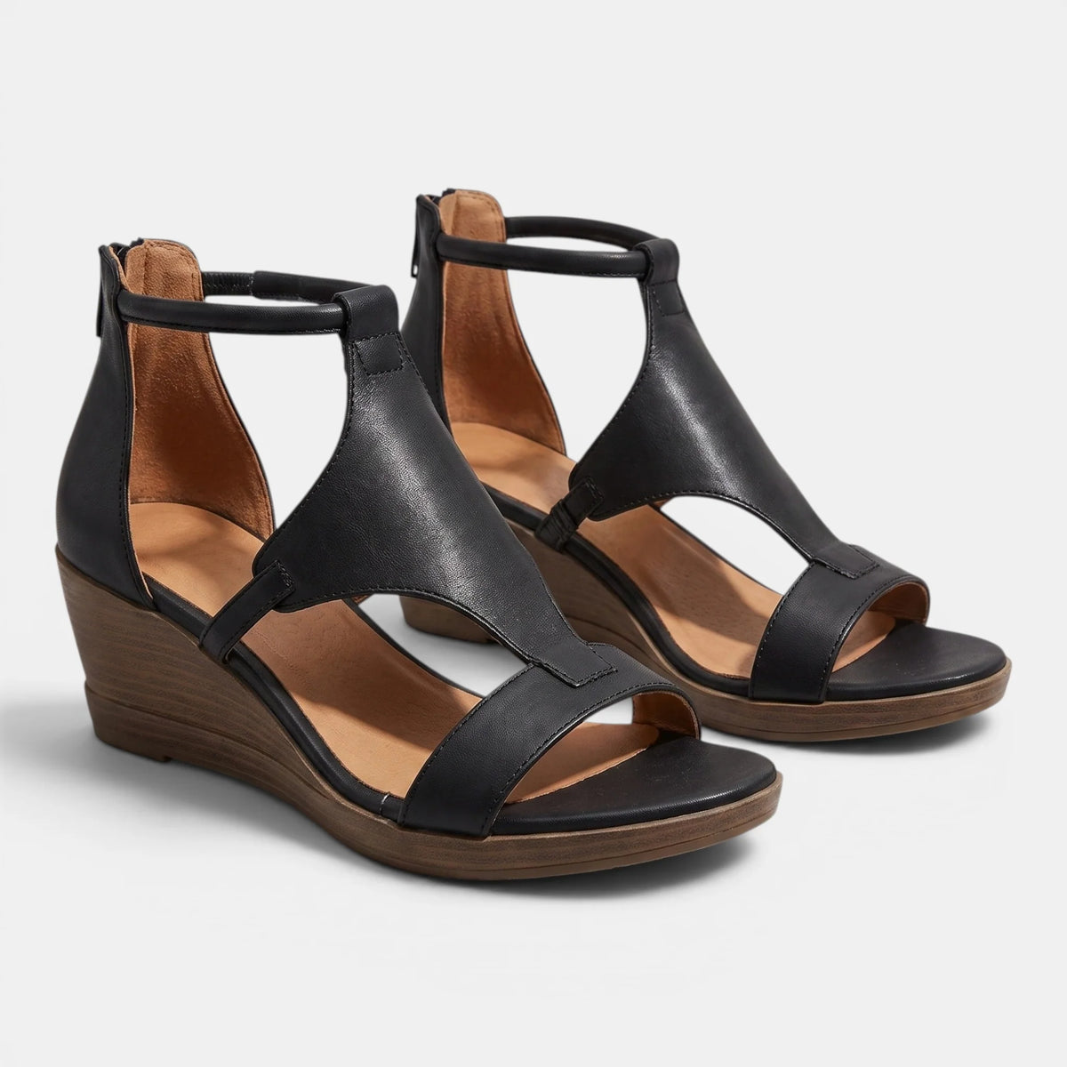 Women's Wedge Sandals T-Strap with Back Zip Closure 2