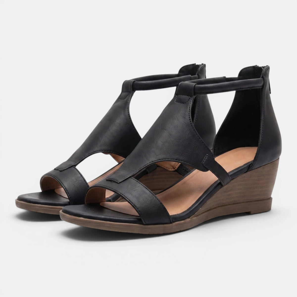 Women's Wedge Sandals T-Strap with Back Zip Closure 3