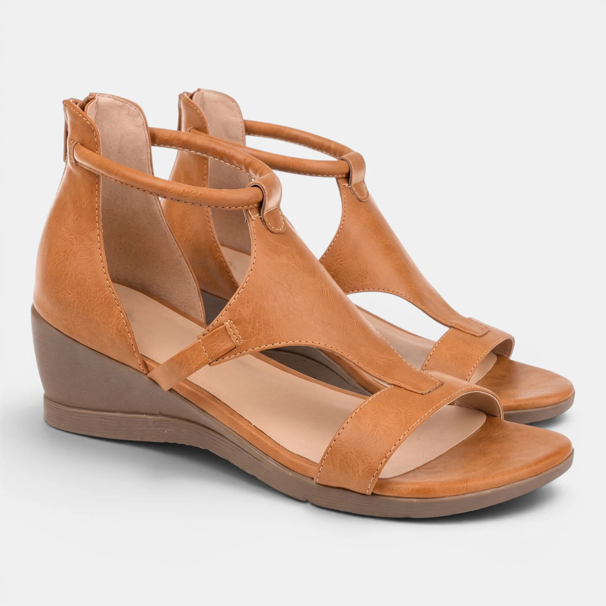 Women's Wedge Sandals T-Strap with Back Zip Closure 6