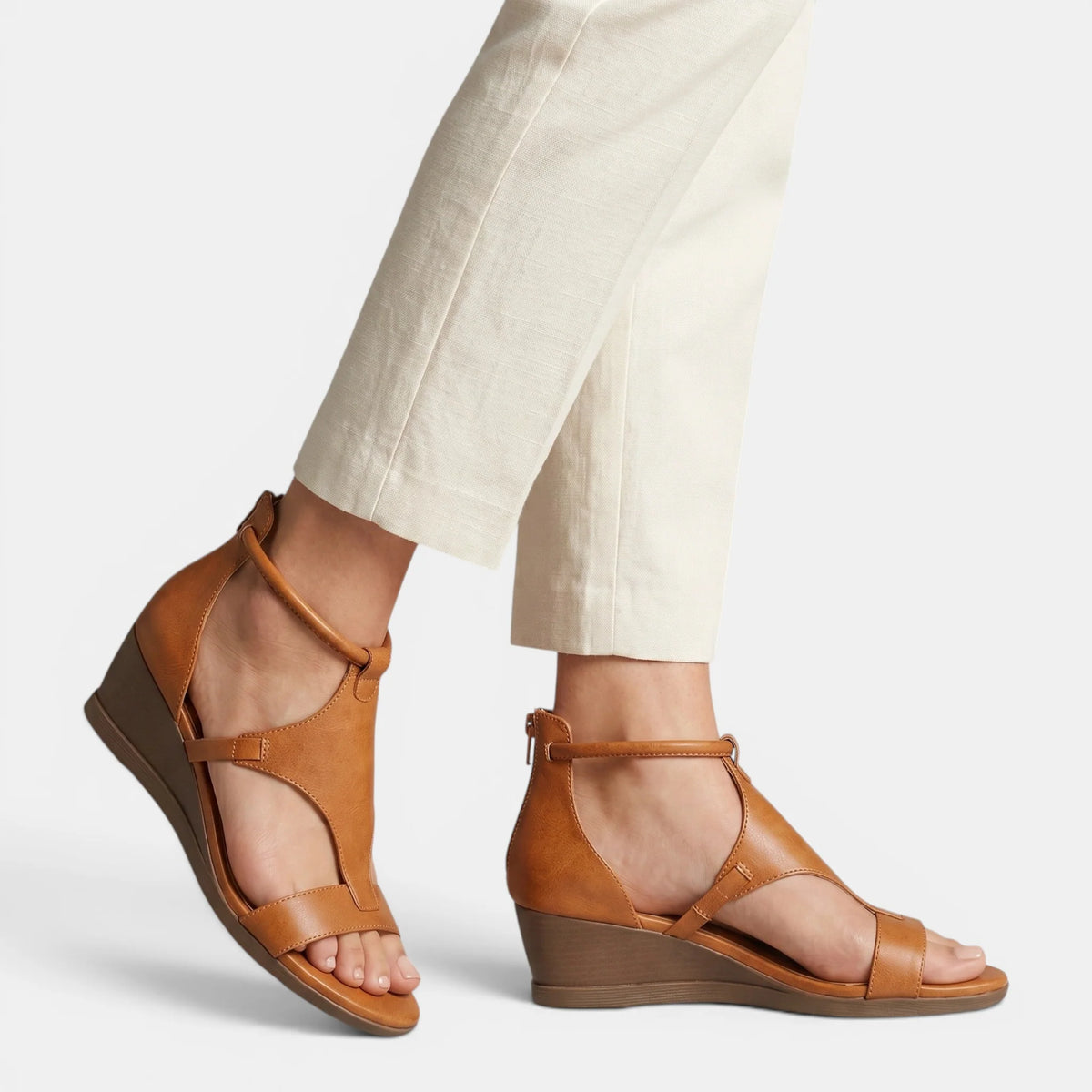 Women's Wedge Sandals T-Strap with Back Zip Closure 7