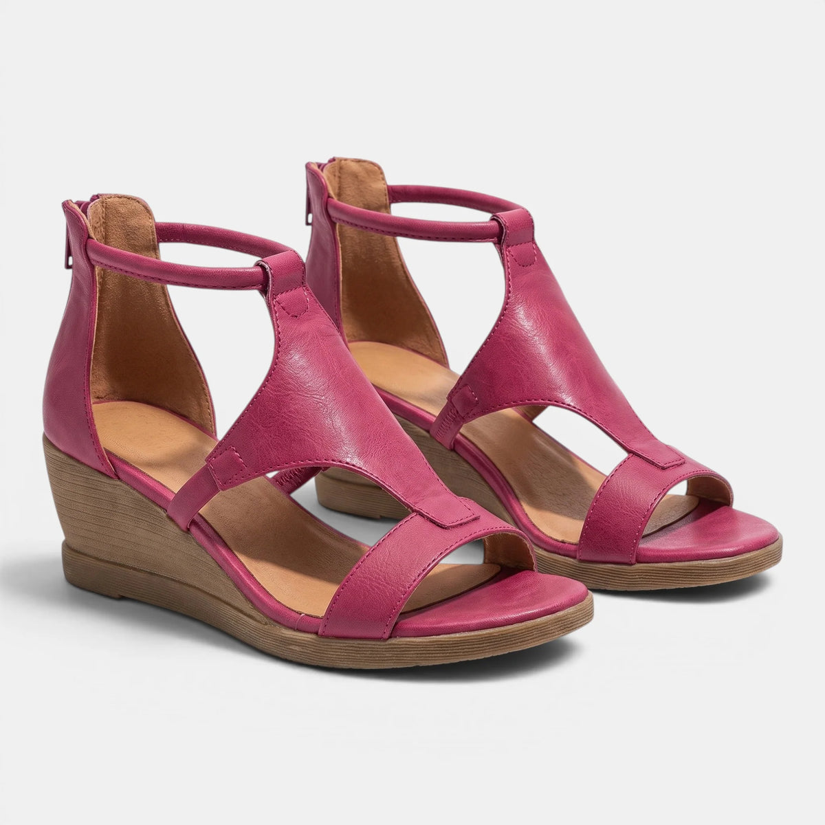 Women's Wedge Sandals T-Strap with Back Zip Closure 8
