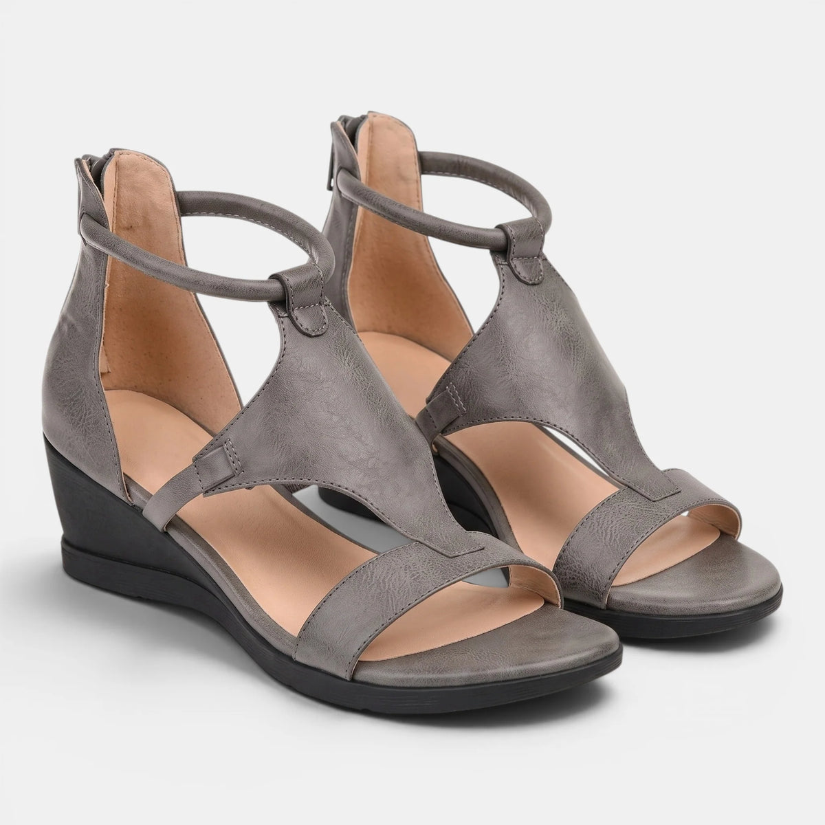 Women's Wedge Sandals T-Strap with Back Zip Closure 9