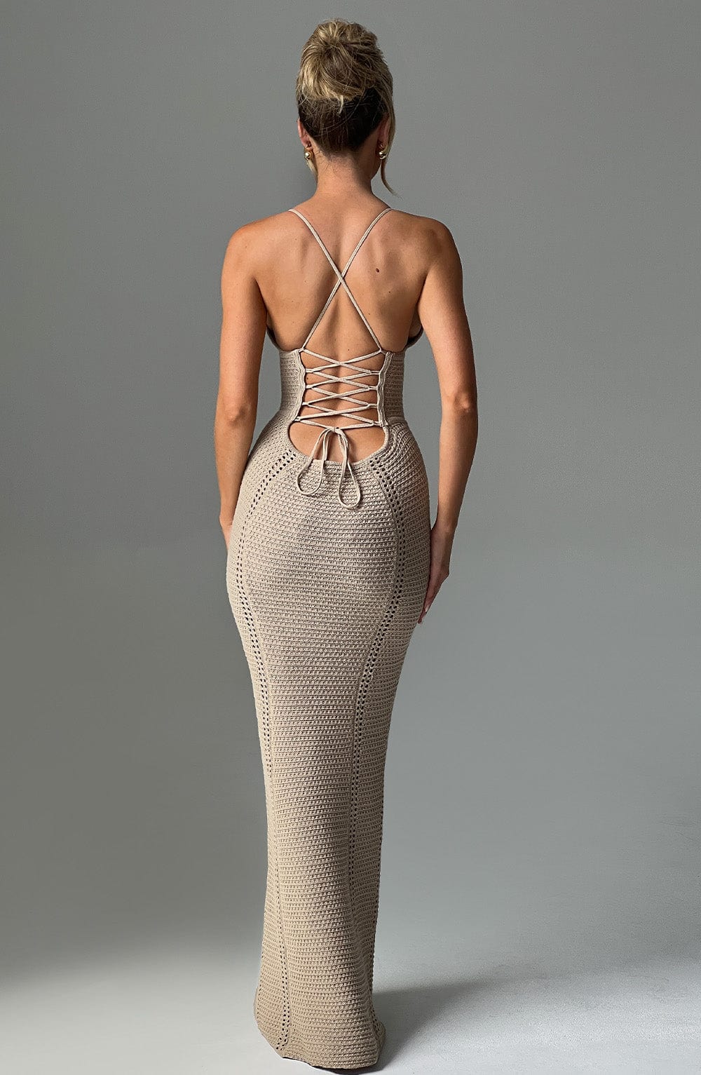 Women's Beige Maxi Dress Crochet Knit Design