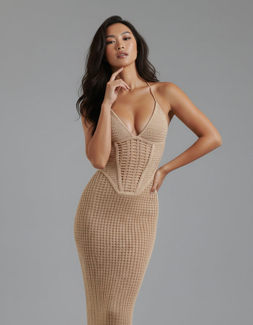 Women's Beige Maxi Dress Crochet Knit Design