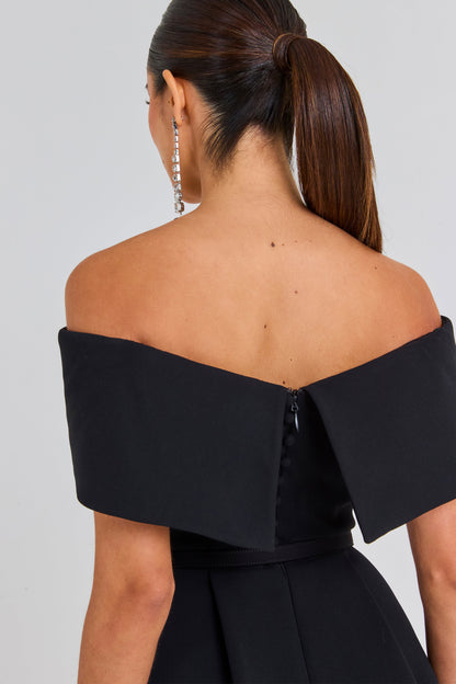 Women's Black Cocktail Dress Off-the-Shoulder Pleated with Pockets