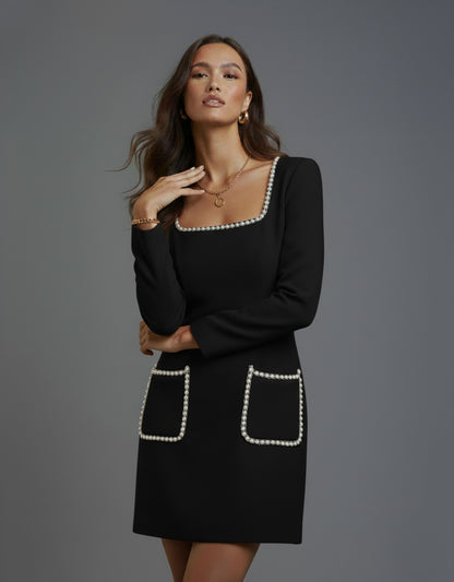 Women's Black Cocktail Dress Tulip Style with Pearl Trim