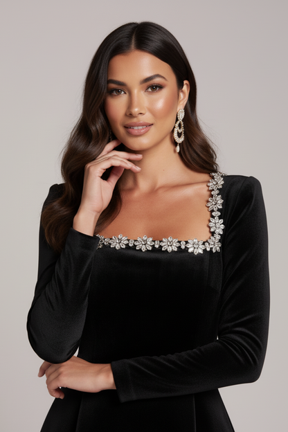 Women's Black Dress Structured Mini Skirt with Jewel-Embellished Trim