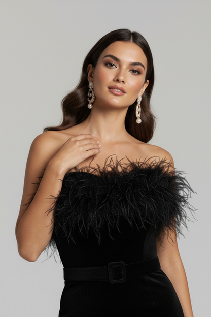 Women's Black Jumpsuit with Bandeau Neckline and Feather Trim
