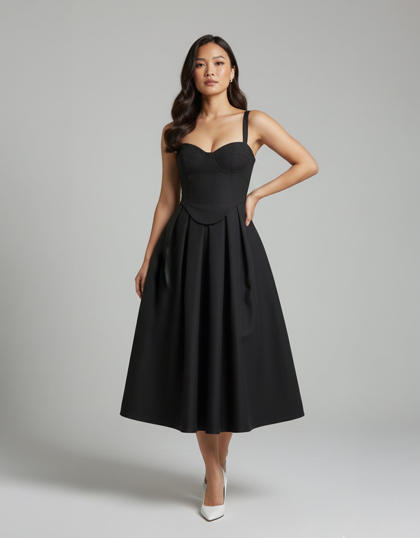 Women's Black Midi Dress Structured Corset Style