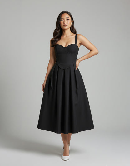 Women's Black Midi Dress Structured Corset Style