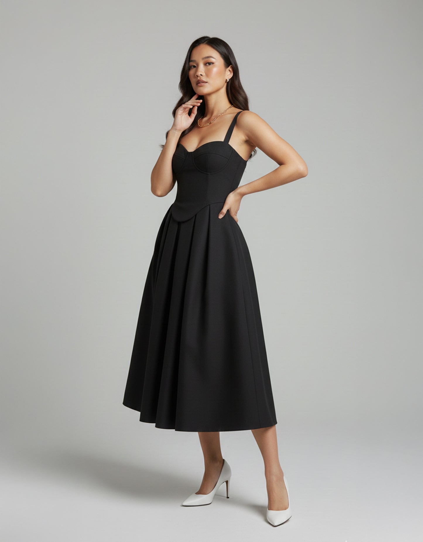 Women's Black Midi Dress Structured Corset Style