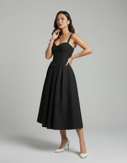 Women's Black Midi Dress Structured Corset Style