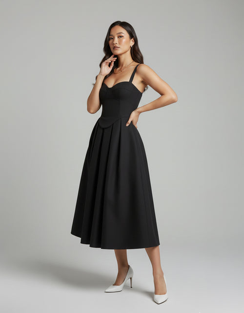 Women's Black Midi Dress Structured Corset Style