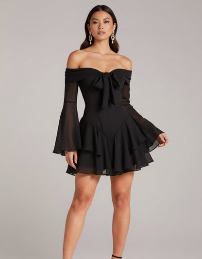 Women's Black Mini Dress Playsuit with Ruffled Shorts