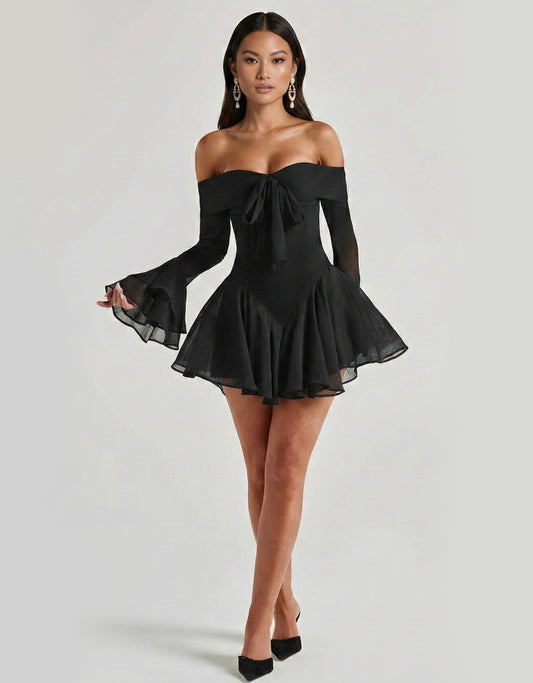 Women's Black Mini Dress Playsuit with Ruffled Shorts