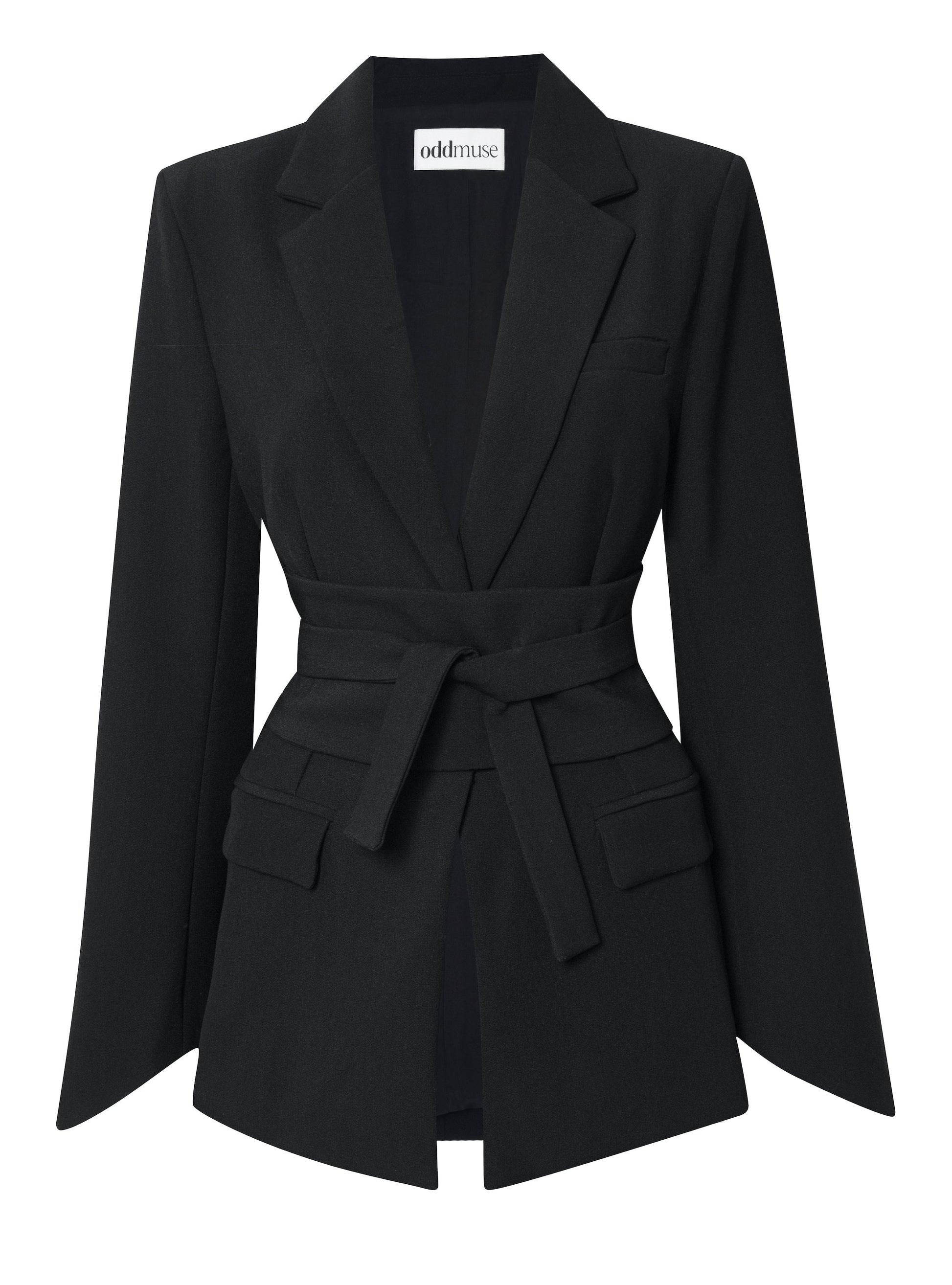 Women's Blazer with Padded Shoulders and Sharp Lapels Plain Black