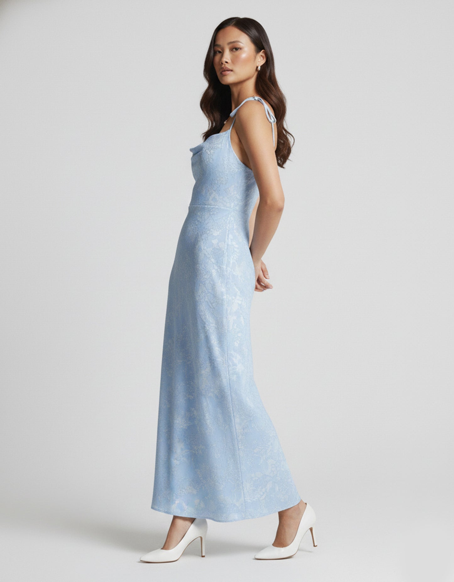 Women's Blue Maxi Dress Floral Print Cowl Neck