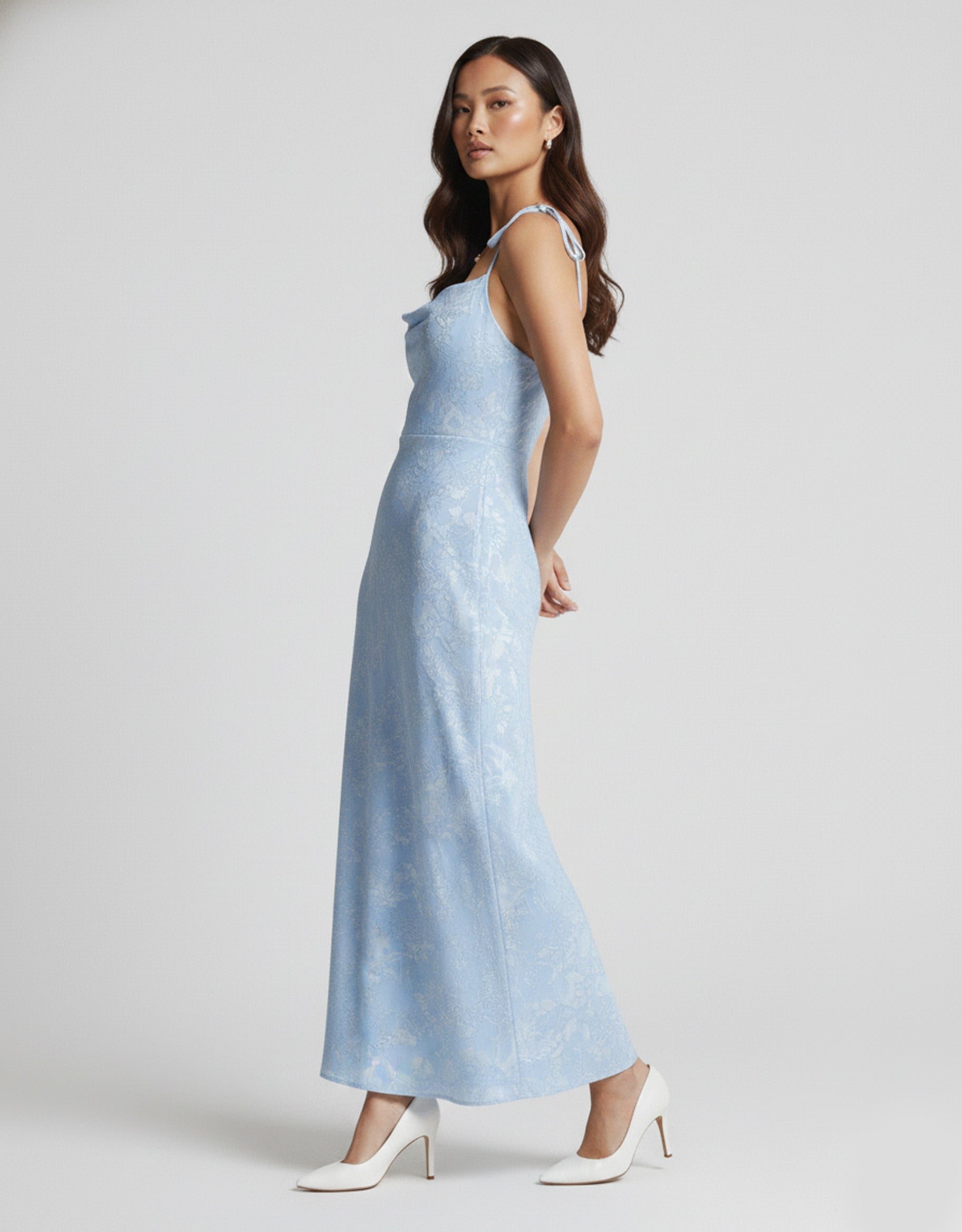 Women's Blue Maxi Dress Floral Print Cowl Neck