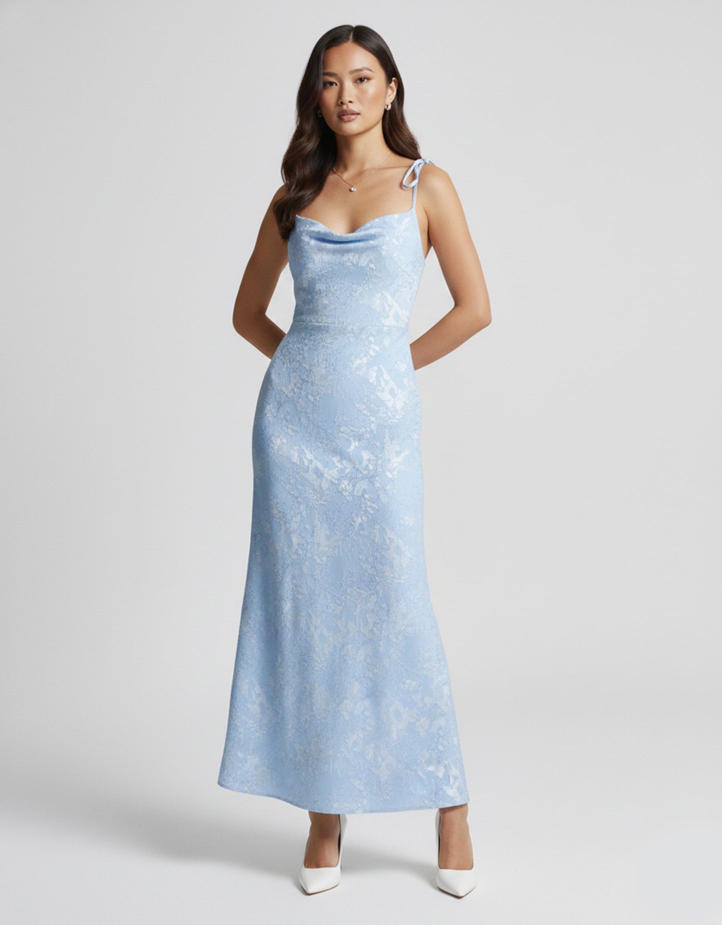 Women's Blue Maxi Dress Floral Print Cowl Neck