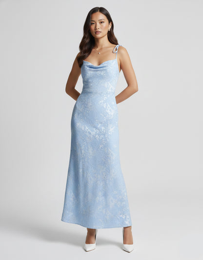 Women's Blue Maxi Dress Floral Print Cowl Neck