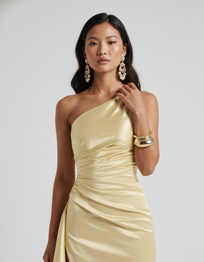 Women's Gold Maxi Dress One Shoulder Draped Style