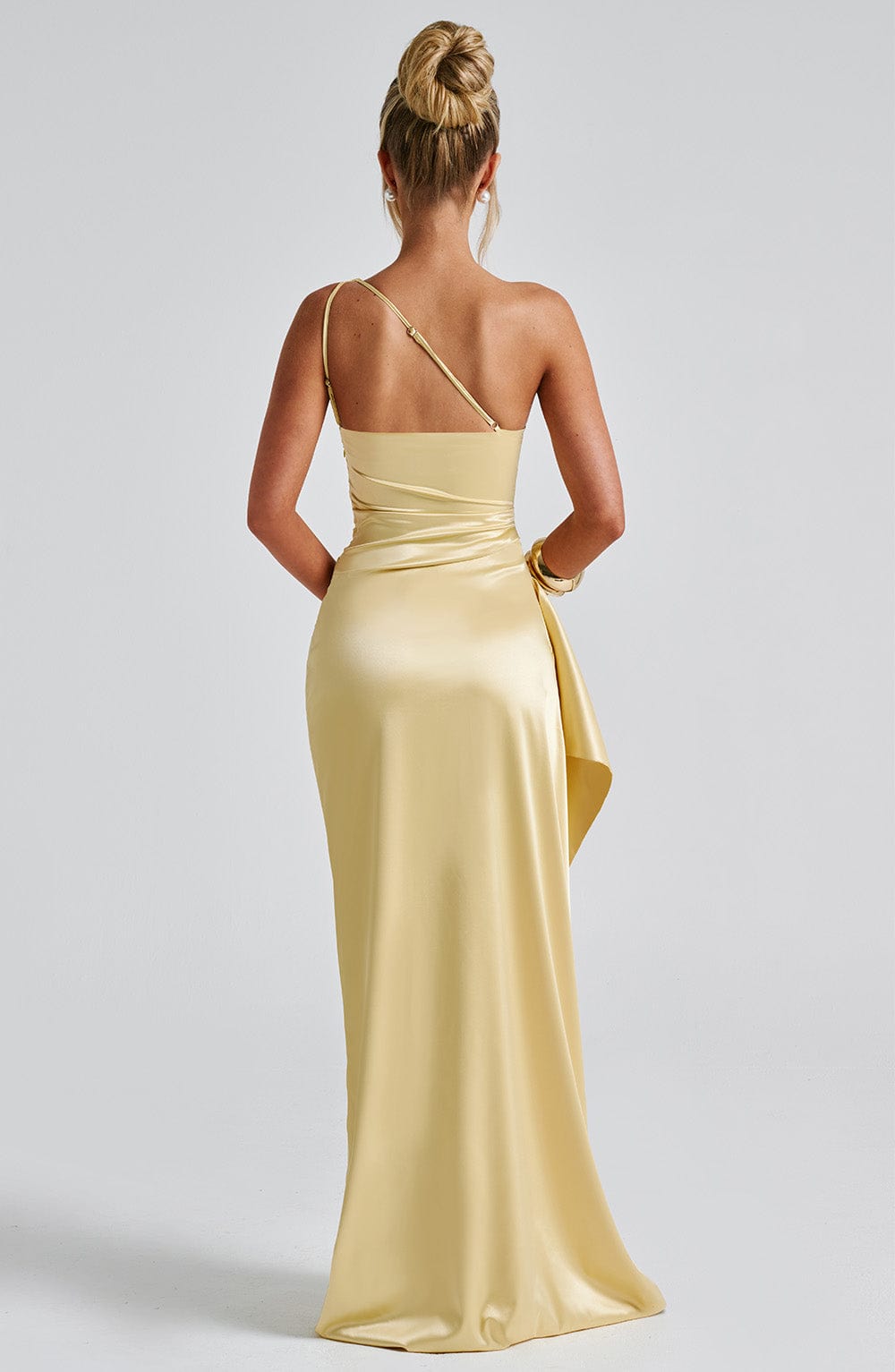 Women's Gold Maxi Dress One Shoulder Draped Style